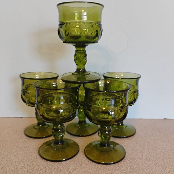 Indiana Glass Vintage Kings Crown Small Goblets, Green set of 6